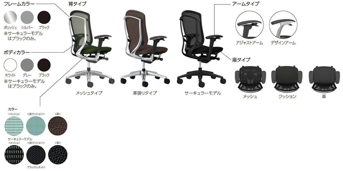 コンテッサセコンダのカラー・素材・アームタイプ